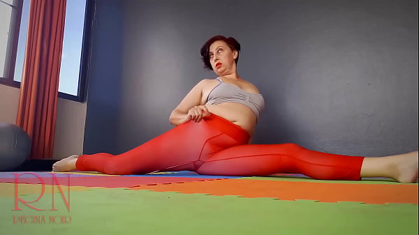 Regina Noir, That Tight Red Yoga Leotard So Thin You Can See Everything, Bent Over And Spread Wide On The Gym Floor, Her Shiny Pantyhose Hugging Every Curve.
