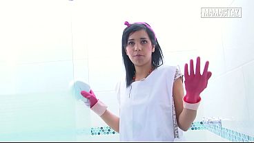 Hotel Maid In Tight Rubber Gloves Bends Deep To Scrub The Shower, Ass Up.