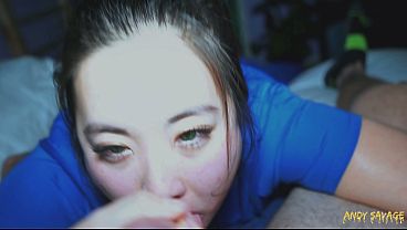 Green-eyed Asian Nurse Shoves Cock Down Her Throat From My View