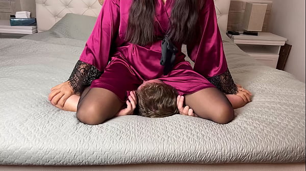 Rough Facesitting And Face Slapping By An Asian Chick In A Night Robe, Mouth Stuffed With Her Panties, Gagged And Taking It.